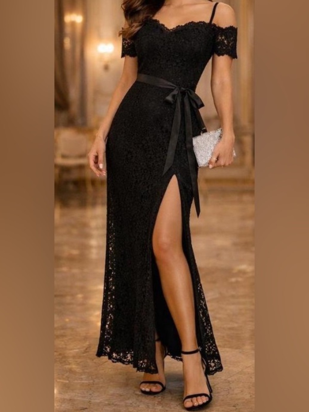 Black Lace Off-Shoulder Maxi Skirt with Side Slit